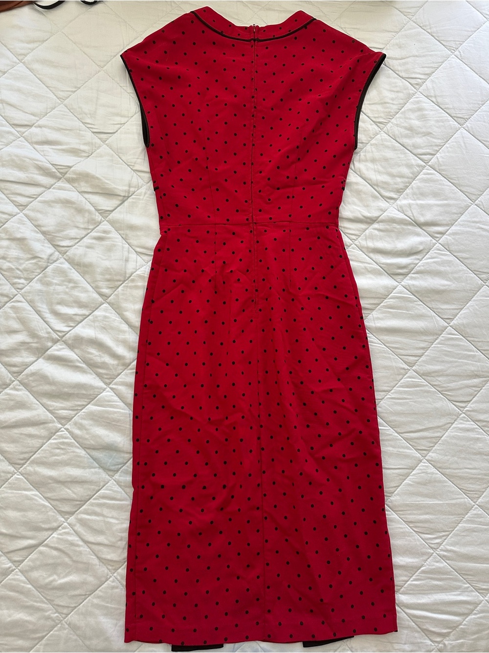 Stop Staring Red Polka Dot Sheath Dress with Black Trim - Picture 2 of 7